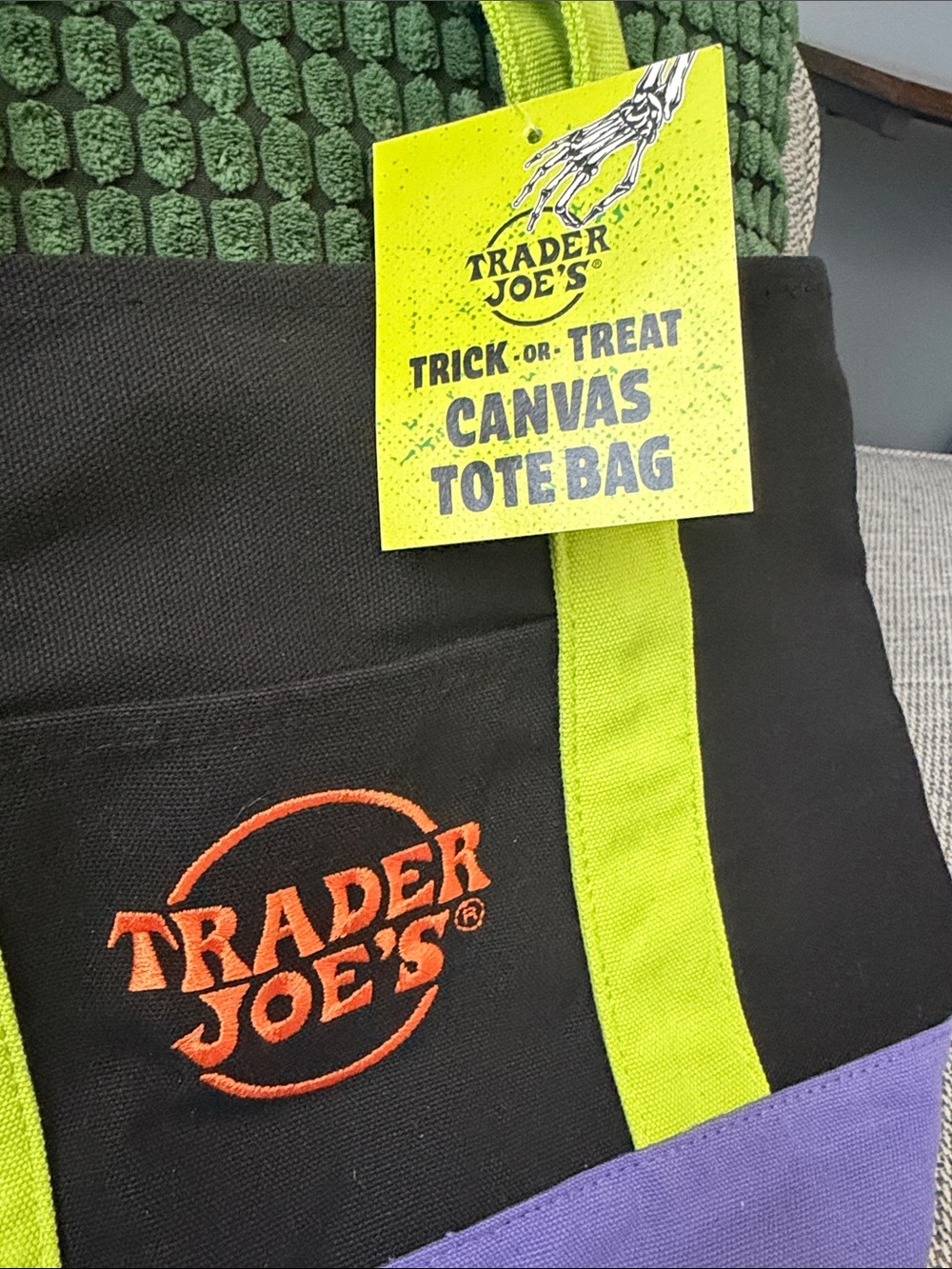 Trader Joe’s Trick or Treat Canvas Tote Bag in Purple, Black, Green, & Orange - Picture 4 of 7